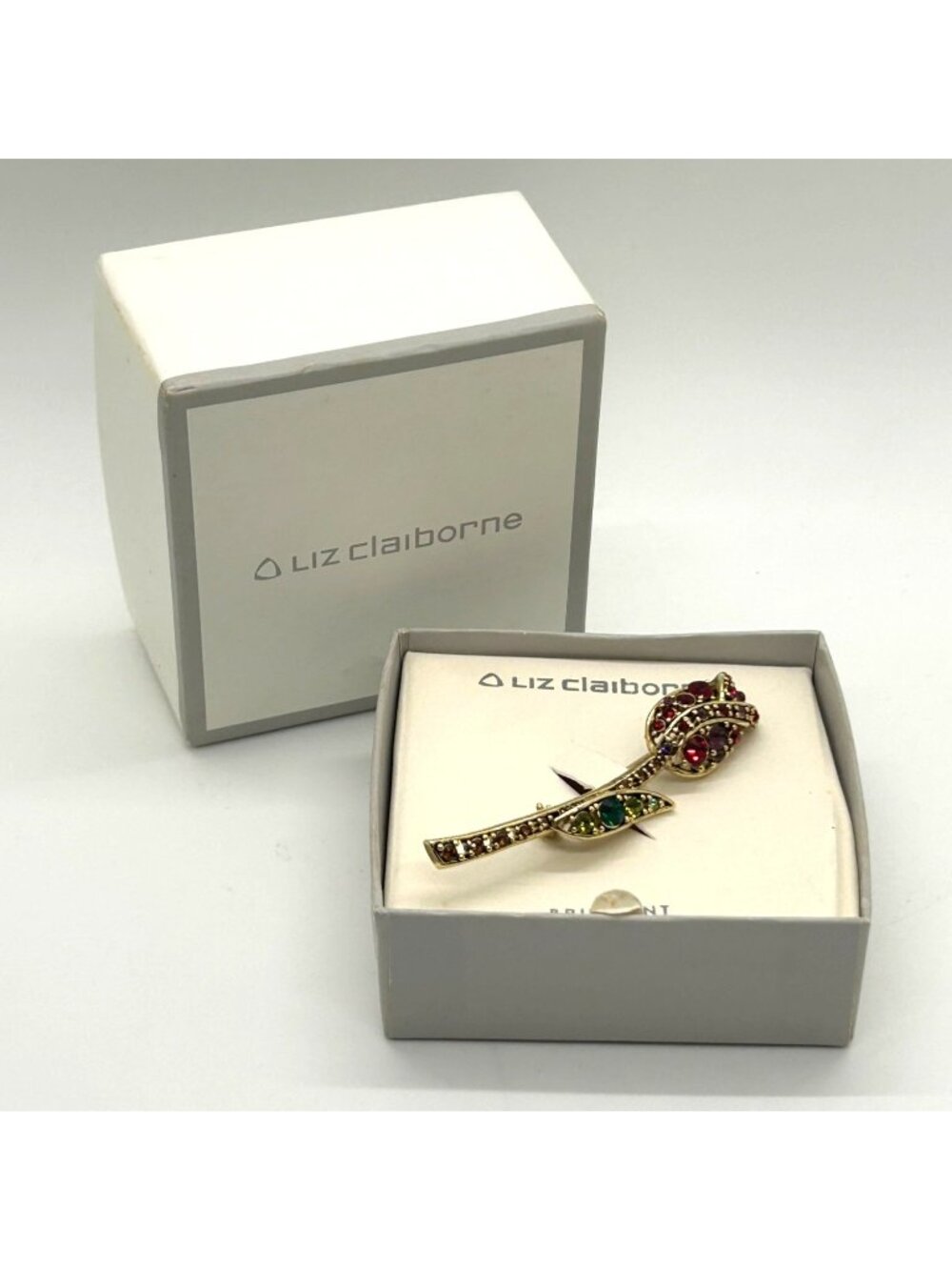 Liz Claiborne Vintage Rosebud Brooch Gold-tone Rhinestones in Original Box